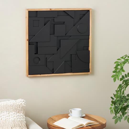 24" x 24" Black Wood Geometric Dimensional Layered Shape with Brown Frame Wall Décor